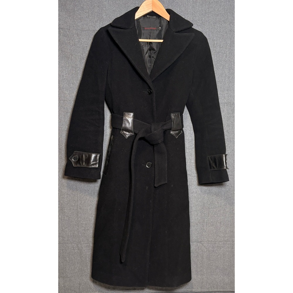 Mackage Lola Merino Wool Leather Trim Trench Coat Womens P/S Made in Canada